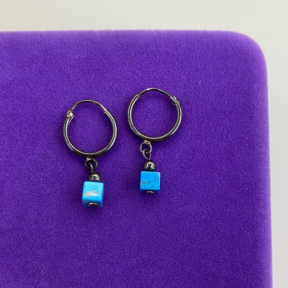 💛 Boho Sterling Silver Turquoise Cube Stone Dangle Hoops | Modern Minimalist